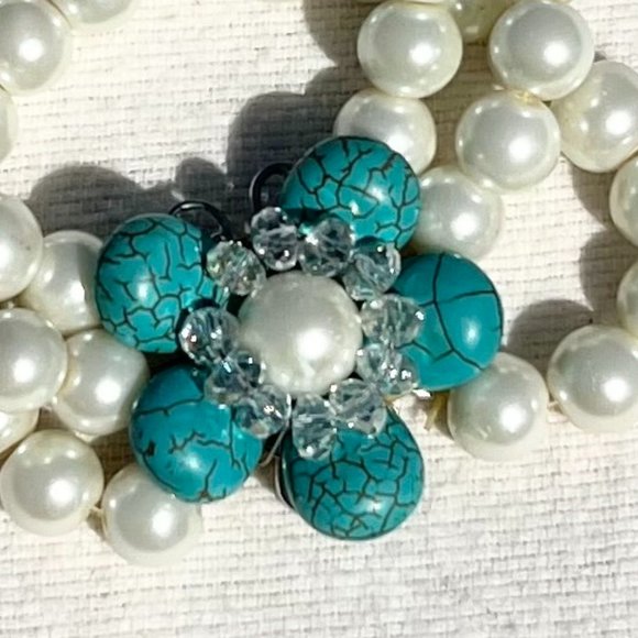 Handmade Bracelet Stretch Multi Strand Pearl Turquoise Boho Flower Crystal New! - Picture 4 of 6